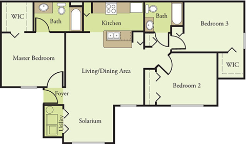 Floor plan for 3 beds, 2 baths, 1112 sqft